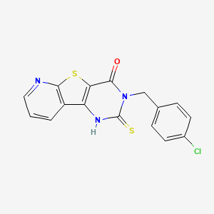 5-[(4-chlorophenyl)methyl]-4-sulfanylidene-8-thia-3,5,10-triazatricyclo[7.4.0.02,7]trideca-1(9),2(7),10,12-tetraen-6-one