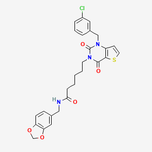 molecular formula C27H26ClN3O5S B11438024 N-(1,3-benzodioxol-5-ylmethyl)-6-[1-(3-chlorobenzyl)-2,4-dioxo-1,4-dihydrothieno[3,2-d]pyrimidin-3(2H)-yl]hexanamide 