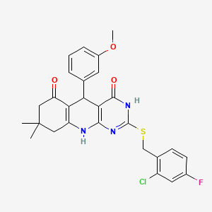 2-[(2-chloro-4-fluorobenzyl)sulfanyl]-5-(3-methoxyphenyl)-8,8-dimethyl-5,8,9,10-tetrahydropyrimido[4,5-b]quinoline-4,6(3H,7H)-dione