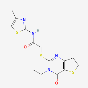 molecular formula C14H16N4O2S3 B11438810 2-((3-ethyl-4-oxo-3,4,6,7-tetrahydrothieno[3,2-d]pyrimidin-2-yl)thio)-N-(4-methylthiazol-2-yl)acetamide 