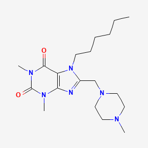 molecular formula C19H32N6O2 B11439065 7-hexyl-1,3-dimethyl-8-[(4-methylpiperazin-1-yl)methyl]-3,7-dihydro-1H-purine-2,6-dione 