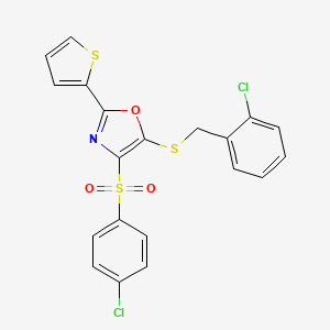 molecular formula C20H13Cl2NO3S3 B11439307 5-[(2-Chlorobenzyl)thio]-4-[(4-chlorophenyl)sulfonyl]-2-thien-2-yl-1,3-oxazole 