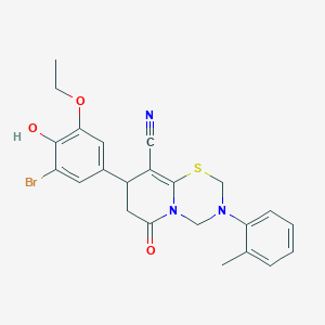 molecular formula C23H22BrN3O3S B11439568 8-(3-bromo-5-ethoxy-4-hydroxyphenyl)-3-(2-methylphenyl)-6-oxo-3,4,7,8-tetrahydro-2H,6H-pyrido[2,1-b][1,3,5]thiadiazine-9-carbonitrile 