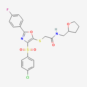 molecular formula C22H20ClFN2O5S2 B11439786 2-({4-[(4-chlorophenyl)sulfonyl]-2-(4-fluorophenyl)-1,3-oxazol-5-yl}sulfanyl)-N-(tetrahydrofuran-2-ylmethyl)acetamide 