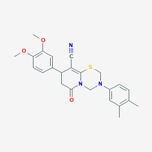 molecular formula C24H25N3O3S B11440362 8-(3,4-dimethoxyphenyl)-3-(3,4-dimethylphenyl)-6-oxo-3,4,7,8-tetrahydro-2H,6H-pyrido[2,1-b][1,3,5]thiadiazine-9-carbonitrile 