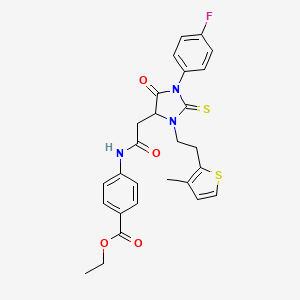 Ethyl 4-[({1-(4-fluorophenyl)-3-[2-(3-methylthiophen-2-yl)ethyl]-5-oxo-2-thioxoimidazolidin-4-yl}acetyl)amino]benzoate