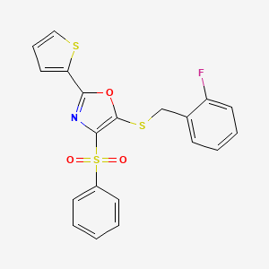 molecular formula C20H14FNO3S3 B11440900 5-[(2-Fluorobenzyl)thio]-4-(phenylsulfonyl)-2-thien-2-yl-1,3-oxazole 