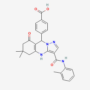 molecular formula C27H26N4O4 B11440916 4-{6,6-Dimethyl-3-[(2-methylphenyl)carbamoyl]-8-oxo-4,5,6,7,8,9-hexahydropyrazolo[5,1-b]quinazolin-9-yl}benzoic acid 