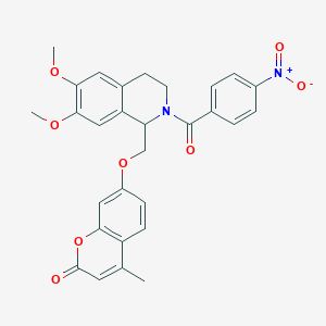 molecular formula C29H26N2O8 B11441093 7-{[6,7-dimethoxy-2-(4-nitrobenzoyl)-1,2,3,4-tetrahydroisoquinolin-1-yl]methoxy}-4-methyl-2H-chromen-2-one 