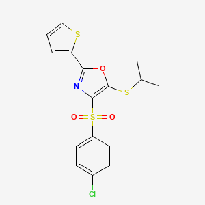 molecular formula C16H14ClNO3S3 B11441182 4-[(4-Chlorophenyl)sulfonyl]-5-(propan-2-ylsulfanyl)-2-(thiophen-2-yl)-1,3-oxazole 