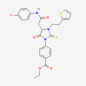 Ethyl 4-(4-{2-[(4-fluorophenyl)amino]-2-oxoethyl}-5-oxo-3-[2-(thiophen-2-yl)ethyl]-2-thioxoimidazolidin-1-yl)benzoate