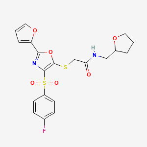 2-({4-[(4-fluorophenyl)sulfonyl]-2-(furan-2-yl)-1,3-oxazol-5-yl}sulfanyl)-N-(tetrahydrofuran-2-ylmethyl)acetamide