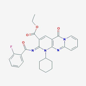 molecular formula C27H25FN4O4 B11441484 ethyl 7-cyclohexyl-6-(2-fluorobenzoyl)imino-2-oxo-1,7,9-triazatricyclo[8.4.0.03,8]tetradeca-3(8),4,9,11,13-pentaene-5-carboxylate 