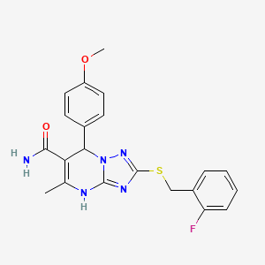 molecular formula C21H20FN5O2S B11441757 2-[(2-Fluorobenzyl)thio]-7-(4-methoxyphenyl)-5-methyl-4,7-dihydro[1,2,4]triazolo[1,5-a]pyrimidine-6-carboxamide 