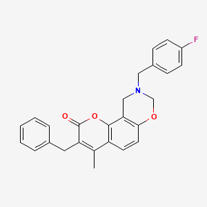 molecular formula C26H22FNO3 B11441775 3-benzyl-9-(4-fluorobenzyl)-4-methyl-9,10-dihydro-2H,8H-chromeno[8,7-e][1,3]oxazin-2-one 