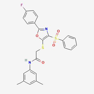 molecular formula C25H21FN2O4S2 B11442609 2-{[4-(Benzenesulfonyl)-2-(4-fluorophenyl)-1,3-oxazol-5-YL]sulfanyl}-N-(3,5-dimethylphenyl)acetamide 