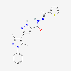 molecular formula C21H20N6OS B11442787 (E)-3',5'-Dimethyl-1'-phenyl-N'-(1-(thiophen-2-YL)ethylidene)-1H,1'H-3,4'-bipyrazole-5-carbohydrazide 