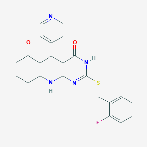 molecular formula C23H19FN4O2S B11442906 2-[(2-fluorobenzyl)sulfanyl]-5-(pyridin-4-yl)-5,8,9,10-tetrahydropyrimido[4,5-b]quinoline-4,6(3H,7H)-dione 