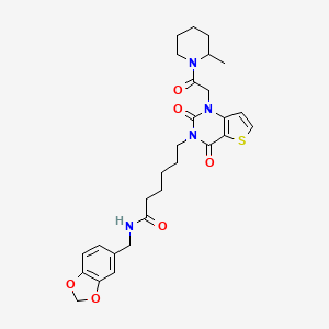 molecular formula C28H34N4O6S B11442947 N-[(2H-1,3-benzodioxol-5-yl)methyl]-6-{1-[2-(2-methylpiperidin-1-yl)-2-oxoethyl]-2,4-dioxo-1H,2H,3H,4H-thieno[3,2-d]pyrimidin-3-yl}hexanamide 