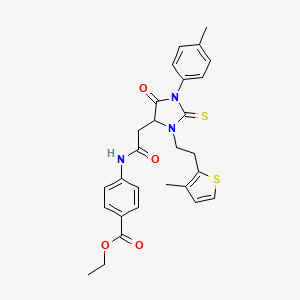 Ethyl 4-[({1-(4-methylphenyl)-3-[2-(3-methylthiophen-2-yl)ethyl]-5-oxo-2-thioxoimidazolidin-4-yl}acetyl)amino]benzoate