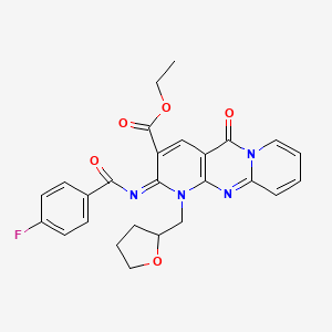 ethyl 6-(4-fluorobenzoyl)imino-2-oxo-7-(oxolan-2-ylmethyl)-1,7,9-triazatricyclo[8.4.0.03,8]tetradeca-3(8),4,9,11,13-pentaene-5-carboxylate