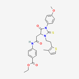 molecular formula C28H29N3O5S2 B11443688 Ethyl 4-[({1-(4-methoxyphenyl)-3-[2-(3-methylthiophen-2-yl)ethyl]-5-oxo-2-thioxoimidazolidin-4-yl}acetyl)amino]benzoate 