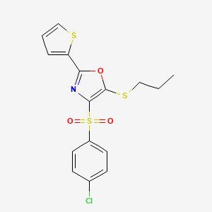 molecular formula C16H14ClNO3S3 B11443693 4-[(4-Chlorophenyl)sulfonyl]-5-(propylsulfanyl)-2-(thiophen-2-yl)-1,3-oxazole 