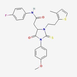 N-(4-fluorophenyl)-2-[1-(4-methoxyphenyl)-3-[2-(3-methylthiophen-2-yl)ethyl]-5-oxo-2-sulfanylideneimidazolidin-4-yl]acetamide