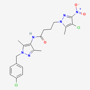 molecular formula C20H22Cl2N6O3 B11444073 N-[1-(4-chlorobenzyl)-3,5-dimethyl-1H-pyrazol-4-yl]-4-(4-chloro-5-methyl-3-nitro-1H-pyrazol-1-yl)butanamide 