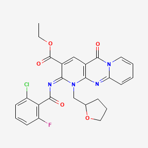 ethyl 6-(2-chloro-6-fluorobenzoyl)imino-2-oxo-7-(oxolan-2-ylmethyl)-1,7,9-triazatricyclo[8.4.0.03,8]tetradeca-3(8),4,9,11,13-pentaene-5-carboxylate