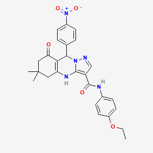 molecular formula C27H27N5O5 B11444149 N-(4-ethoxyphenyl)-6,6-dimethyl-9-(4-nitrophenyl)-8-oxo-4,5,6,7,8,9-hexahydropyrazolo[5,1-b]quinazoline-3-carboxamide 