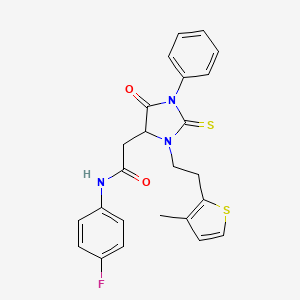 molecular formula C24H22FN3O2S2 B11444275 N-(4-Fluorophenyl)-2-{3-[2-(3-methylthiophen-2-YL)ethyl]-5-oxo-1-phenyl-2-sulfanylideneimidazolidin-4-YL}acetamide 