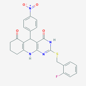 2-((2-fluorobenzyl)thio)-5-(4-nitrophenyl)-7,8,9,10-tetrahydropyrimido[4,5-b]quinoline-4,6(3H,5H)-dione