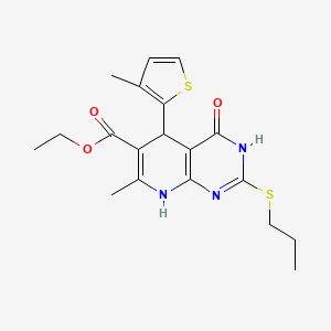 molecular formula C19H23N3O3S2 B11444733 Ethyl 7-methyl-5-(3-methylthiophen-2-yl)-4-oxo-2-(propylsulfanyl)-3,4,5,8-tetrahydropyrido[2,3-d]pyrimidine-6-carboxylate 