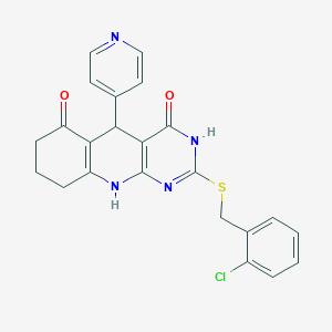 molecular formula C23H19ClN4O2S B11444804 2-[(2-chlorobenzyl)sulfanyl]-5-(pyridin-4-yl)-5,8,9,10-tetrahydropyrimido[4,5-b]quinoline-4,6(3H,7H)-dione 