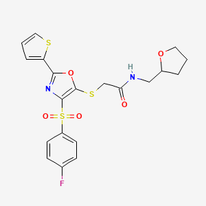 2-({4-[(4-fluorophenyl)sulfonyl]-2-(thiophen-2-yl)-1,3-oxazol-5-yl}sulfanyl)-N-(tetrahydrofuran-2-ylmethyl)acetamide