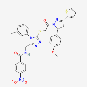 N-{[5-({2-[5-(4-Methoxyphenyl)-3-(thiophen-2-YL)-4,5-dihydro-1H-pyrazol-1-YL]-2-oxoethyl}sulfanyl)-4-(3-methylphenyl)-4H-1,2,4-triazol-3-YL]methyl}-4-nitrobenzamide