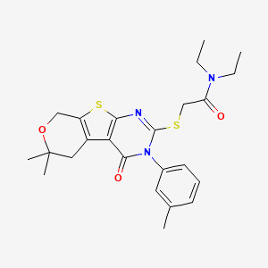 molecular formula C24H29N3O3S2 B11445232 2-[[12,12-dimethyl-4-(3-methylphenyl)-3-oxo-11-oxa-8-thia-4,6-diazatricyclo[7.4.0.02,7]trideca-1(9),2(7),5-trien-5-yl]sulfanyl]-N,N-diethylacetamide 