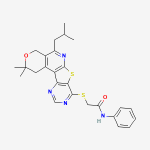 2-[[4,4-dimethyl-8-(2-methylpropyl)-5-oxa-11-thia-9,14,16-triazatetracyclo[8.7.0.02,7.012,17]heptadeca-1(10),2(7),8,12(17),13,15-hexaen-13-yl]sulfanyl]-N-phenylacetamide