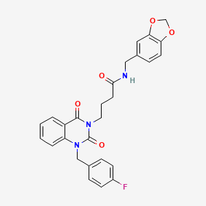 molecular formula C27H24FN3O5 B11446147 N-(benzo[d][1,3]dioxol-5-ylmethyl)-4-(1-(4-fluorobenzyl)-2,4-dioxo-1,4-dihydroquinazolin-3(2H)-yl)butanamide 