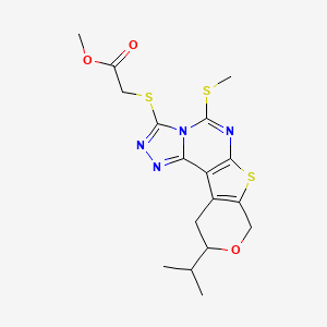 methyl 2-[(7-methylsulfanyl-14-propan-2-yl-13-oxa-10-thia-3,4,6,8-tetrazatetracyclo[7.7.0.02,6.011,16]hexadeca-1(9),2,4,7,11(16)-pentaen-5-yl)sulfanyl]acetate