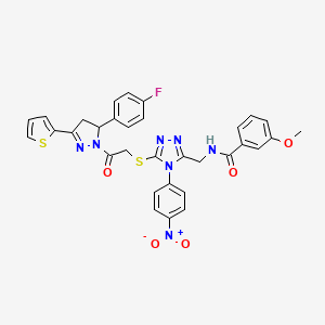 molecular formula C32H26FN7O5S2 B11446569 N-((5-((2-(5-(4-fluorophenyl)-3-(thiophen-2-yl)-4,5-dihydro-1H-pyrazol-1-yl)-2-oxoethyl)thio)-4-(4-nitrophenyl)-4H-1,2,4-triazol-3-yl)methyl)-3-methoxybenzamide 