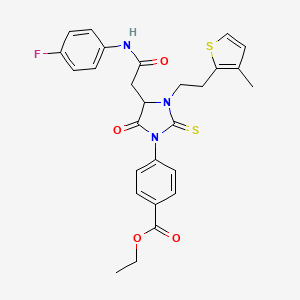 Ethyl 4-(4-{2-[(4-fluorophenyl)amino]-2-oxoethyl}-3-[2-(3-methylthiophen-2-yl)ethyl]-5-oxo-2-thioxoimidazolidin-1-yl)benzoate