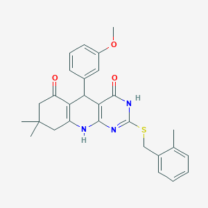 molecular formula C28H29N3O3S B11446953 5-(3-methoxyphenyl)-8,8-dimethyl-2-[(2-methylbenzyl)sulfanyl]-5,8,9,10-tetrahydropyrimido[4,5-b]quinoline-4,6(3H,7H)-dione 