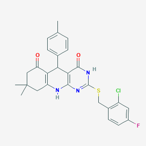 2-[(2-chloro-4-fluorobenzyl)sulfanyl]-8,8-dimethyl-5-(4-methylphenyl)-5,8,9,10-tetrahydropyrimido[4,5-b]quinoline-4,6(3H,7H)-dione