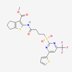 molecular formula C22H20F3N3O5S3 B11447139 methyl 2-[(4-{[4-(thiophen-2-yl)-6-(trifluoromethyl)pyrimidin-2-yl]sulfonyl}butanoyl)amino]-5,6-dihydro-4H-cyclopenta[b]thiophene-3-carboxylate 