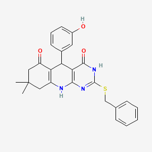 molecular formula C26H25N3O3S B11447174 2-(benzylthio)-5-(3-hydroxyphenyl)-8,8-dimethyl-7,8,9,10-tetrahydropyrimido[4,5-b]quinoline-4,6(3H,5H)-dione 