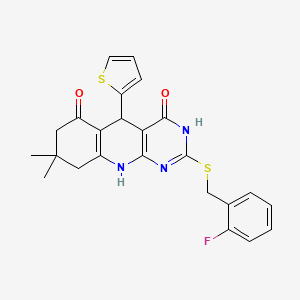 2-[(2-fluorobenzyl)sulfanyl]-8,8-dimethyl-5-(thiophen-2-yl)-5,8,9,10-tetrahydropyrimido[4,5-b]quinoline-4,6(3H,7H)-dione