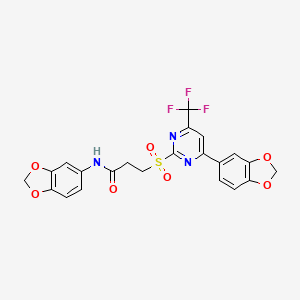 molecular formula C22H16F3N3O7S B11447400 N-(1,3-benzodioxol-5-yl)-3-{[4-(1,3-benzodioxol-5-yl)-6-(trifluoromethyl)pyrimidin-2-yl]sulfonyl}propanamide 