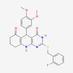 5-(3,4-Dimethoxyphenyl)-2-[(2-fluorophenyl)methylsulfanyl]-1,5,7,8,9,10-hexahydropyrimido[4,5-b]quinoline-4,6-dione